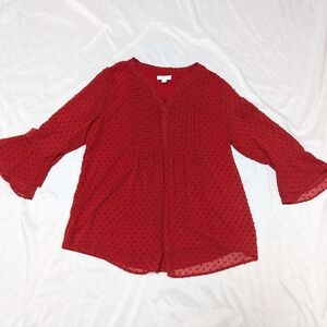 Semi-Sheer Swiss Dot Popover Blouse With Bell Sleeve Holiday Christmas Valentine